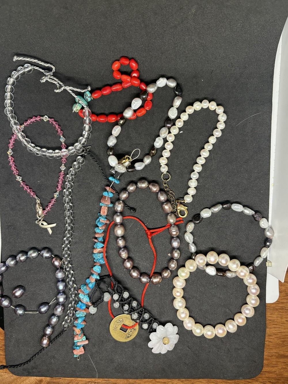 Jewelry Lot Freshwater Pearl Turquoise Jade Crystal Beaded Bracelet Sterling